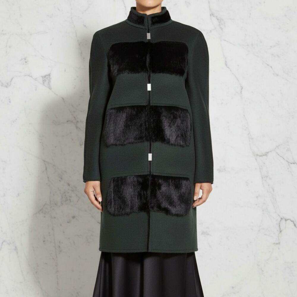 Elie Tahari Hilary Green Wool Coat with Rabbit Fur Panels - Picture 2 of 11